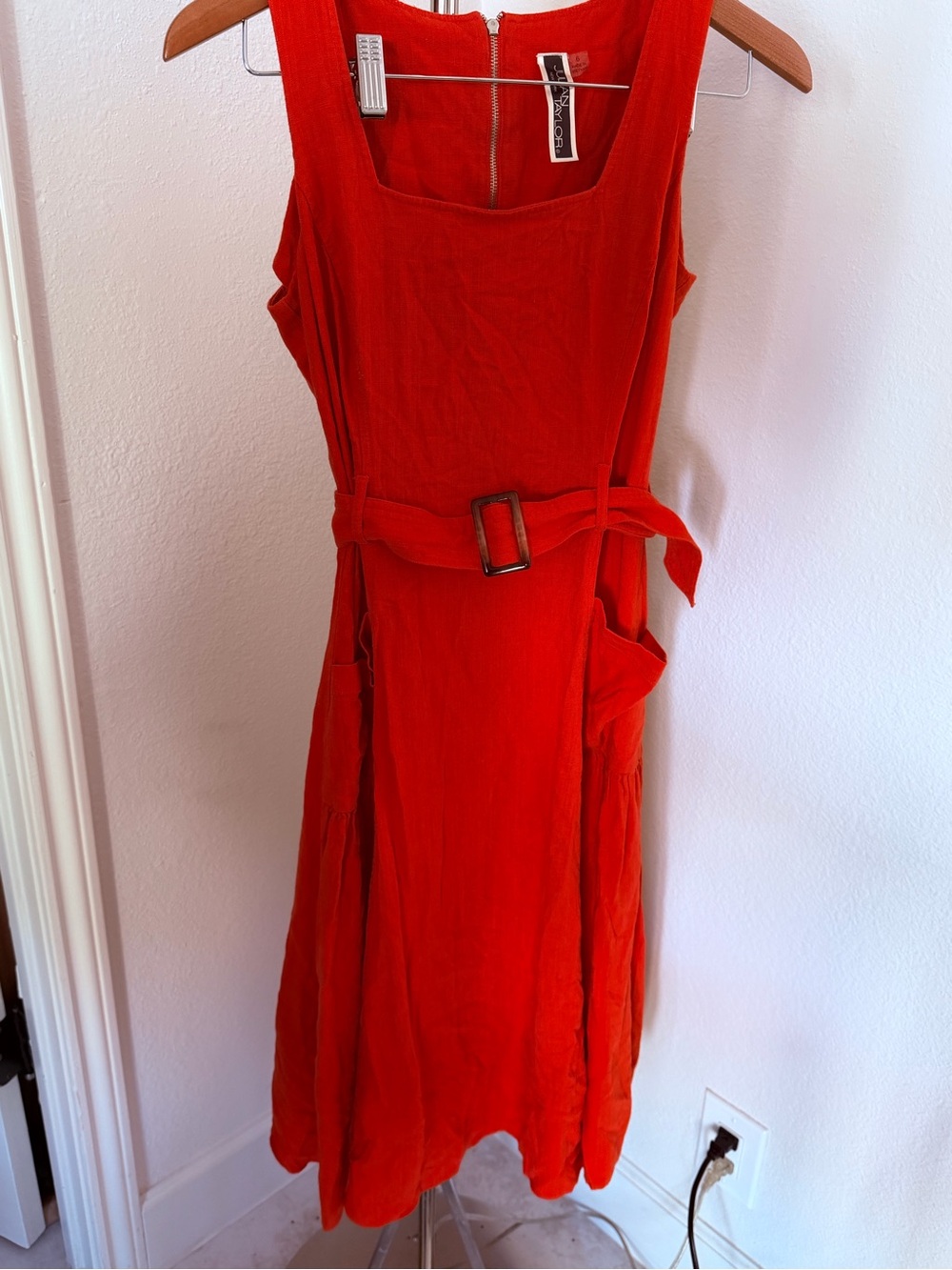 Julian Taylor Orange Linen Blend Sleeveless Belted Midi Dress